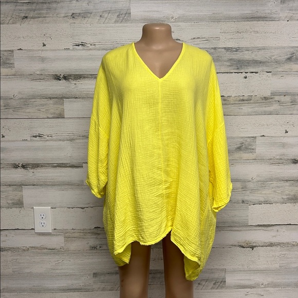 BRYN WALKER Bax Gauze Boxy Tunic Top Size Large Yellow Lagenlook Asymmetrical - Picture 1 of 10